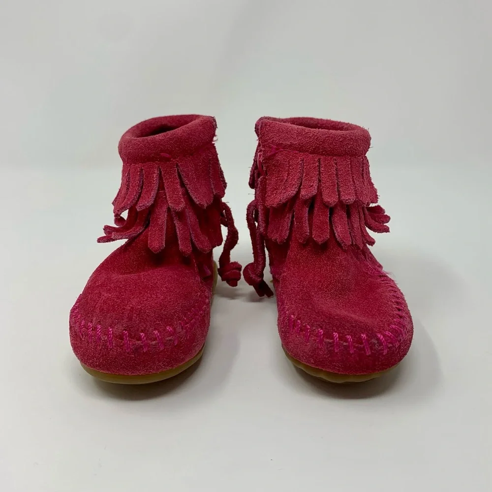 Minnetonka Baby Girls Hot Pink Suede Double Fringe Moccasin Boots Shoes Size 2